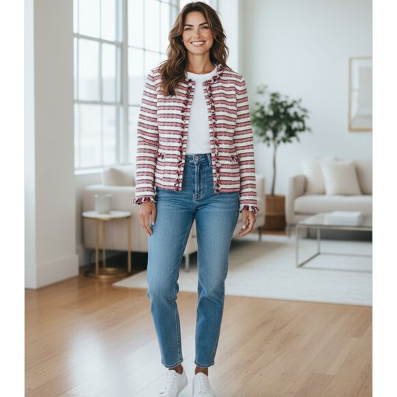 TALBOTS Pink/White/Black Stripe Cotton Fringed Zip Jacket Blazer Size 16P 16 - Picture 1 of 5